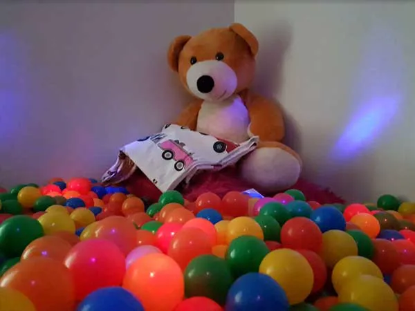 A teddy bear in the ball pool of the sensory room at Robinson House